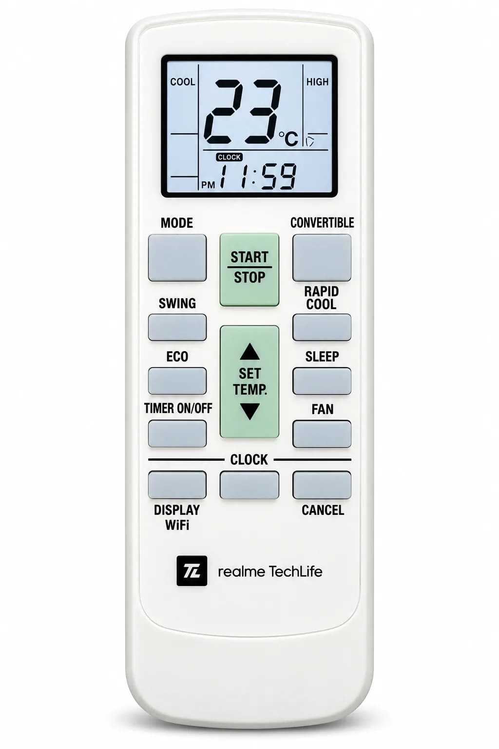 AC Remote Control Compatible with Realme TechLife Split & Window Air Conditioner – LCD Display, Cooling, Fan, Swing, Eco