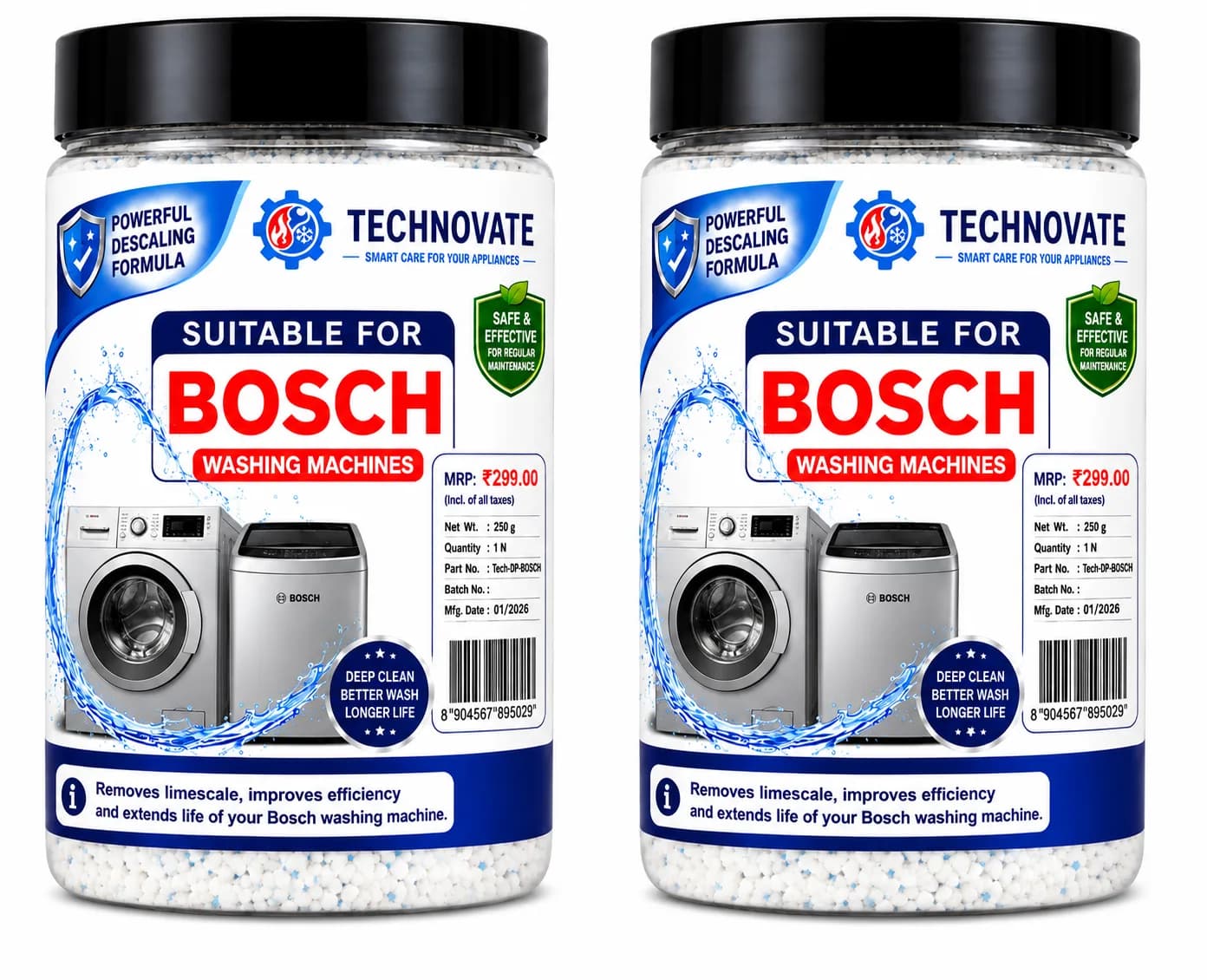 Washing Machine Descaling Powder 500g Pack of 2 (250g x 2) | Suitable for Bosch Washing Machines | Hard Water Scale & Li