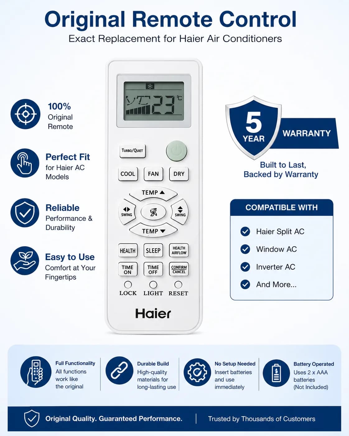 Original AC Remote Control Compatible with Haier AC Split 100% Genuine Original Remote Controller (White)